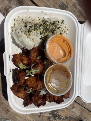 Yummy chicken. Mac salad hidden under the two sauces.