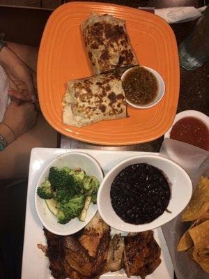 Vegetarian burrito and 1/2 chicken