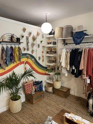 Hand made ceramics, dyed scarves, loose leaf tea and sustainable clothing.