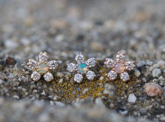 Cherry Blossom with Natural Diamonds and White Opal AAA. Explore our studio or JuLhead.com/shop to purchase.