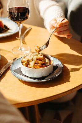 Lyonnaise potatoes with foie gras gravy