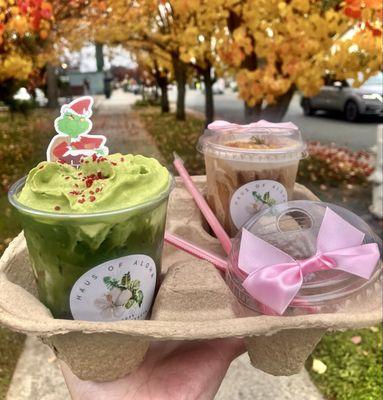 The Grinch matcha (seasonal) | banana & fig honeycomb coffee