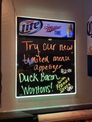 Limited time appe-teaser! Duck Bacon Wontons!