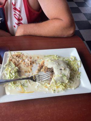 First time here Got big steak burrito w white sauce Lots of meat With chips and salsa Very good