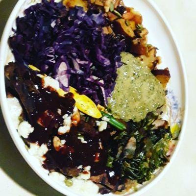 Cabbage meatballs potatoes veggies with avocado mousse