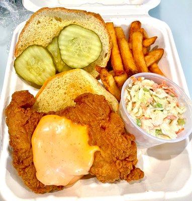 Fried chicken thigh served on a brioche roll with the Pike sauce and pickles. Served with fries and coleslaw.