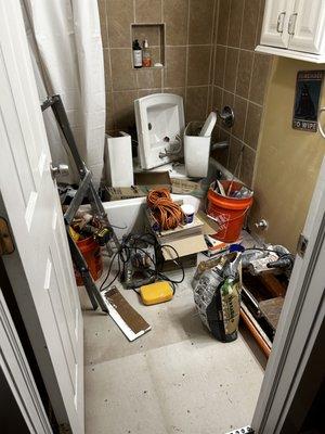 This was the state of my bathroom for a month while I was kicked out of the apartment I live in.