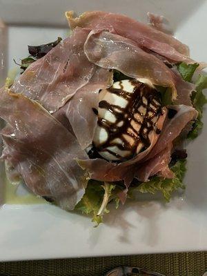 Burrata and prosciutto appetizer