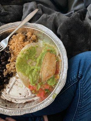 tilapia taco, tiny piece of fish on TONS of lettuce and guac