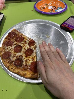 Pepperoni Pizza. The only size. Pretty sad for 3 adults and 2 kids