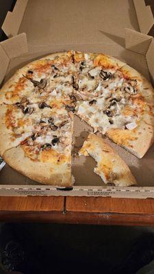 Sausage, mushroom, onion pizza
