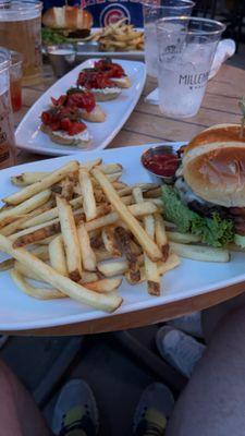 Bacon cheeseburger and bruschetta