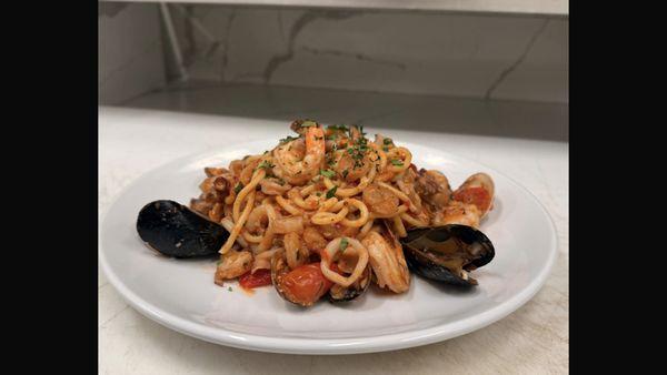 Spaghetti Frutti di Mare in a red sauce
