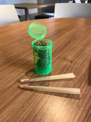 Elektra -- a popular strain with 17% CBD -- and some pre-rolled cones.