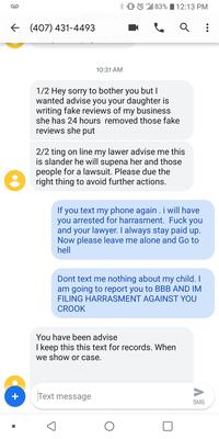 Jeffrey has been sending my mom threatening messages over a review . This is not the only message we have from him. He needs help.