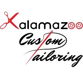 Kalamazoo Custom Tailoring logo with red scissors and button accents, representing expert men's suit alterations, custom tail...