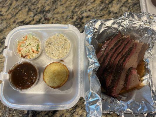 Brisket with coleslaw, Mac, beans and jalepeno corn bread muffin