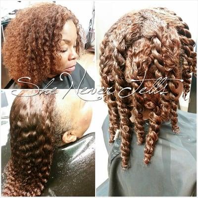 Sew-In using She Never Tells brand Kinky Curly Hair. Hair color and weave by Brittiny.