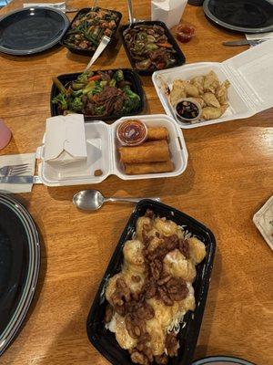 Honey Walnut Shrimp, egg rolls, dumplings, chicken & green beans, house special beef, broccoli beef , two white rice & brown rice.