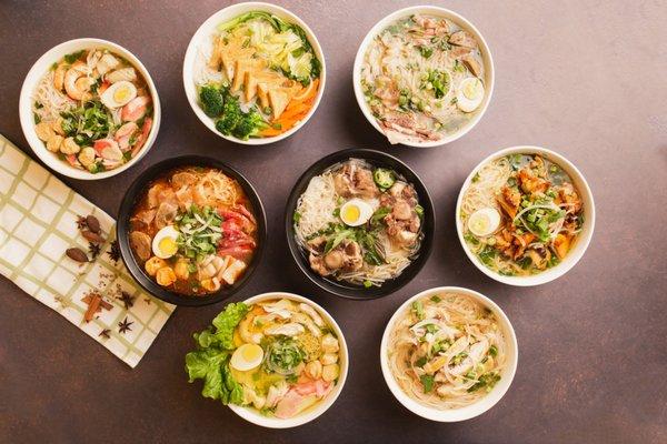 An assortment of the pho and noodle dishes offered at Bone & Broth