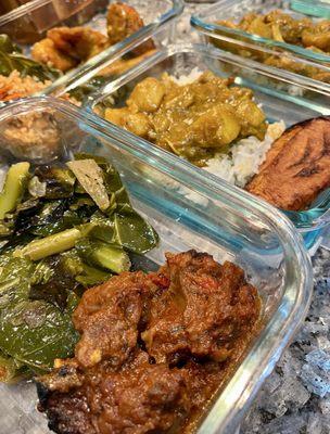 Goat, chicken curry, okra, plantains