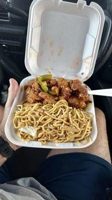 Mongolian chicken on the left, house chicken on the right... And some chow mein!