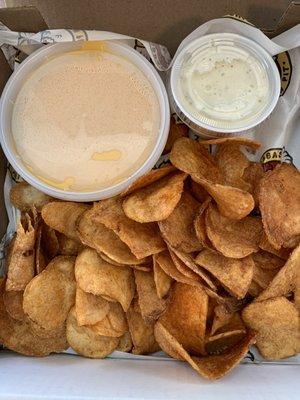 Chips with ranch and Cheese on the side. Kettle cooked perfectly