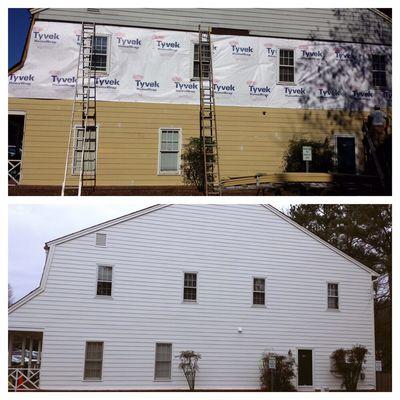 Full siding and trim replacement using Hardie Plank siding and MiraTec trim. Two coats of Sherwin Williams Super Paint.
