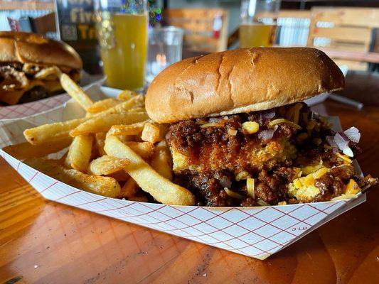 Special burger at the time - chili cheese with honey cornbread