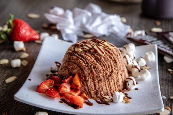 Tuxedo Vampire Penguin Special: Chocolate Snow with almonds, marshmallows, strawberries, and chocolate drizzle
