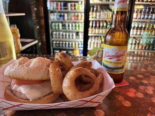 Grilled chicken sandwich and Onion rings