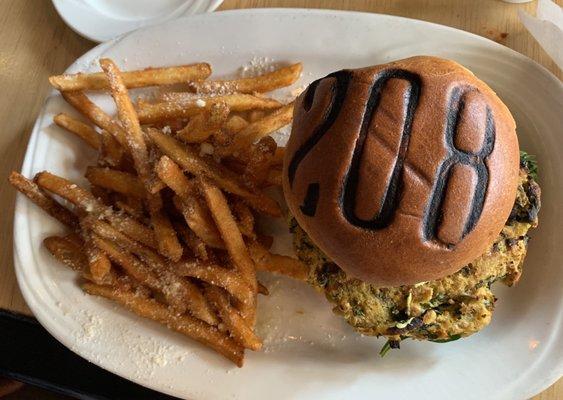 Very tasty veggie vegan burger with truffle parmigiana fries