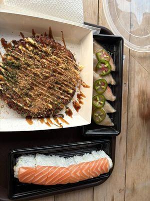 Okonomiyaki, yellowtail jalapeño, salmon lover