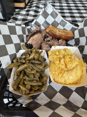 Brisket, green beans, grits, cornbread- delish!