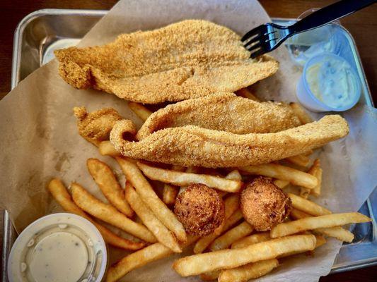 Medium (2) fried cat fish with fries and hush puppies. It was perfect. They have a blackened option I'll be sure to try next time.