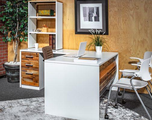 L Shape Barrel Front Desk, Reclaim wood Barrel front and pedestal