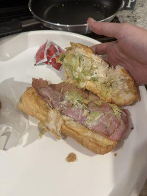 $7.00 soggy ham Po boy that look like it had been ran over. Wilted lettuce and no tomato and the bread was literally mush.