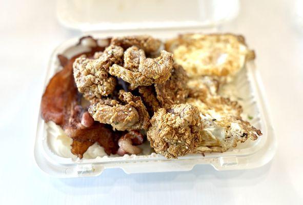 The Hana Hou Bento, The Garlic Chicken is the Best I ever had. With bacon and eggs any style