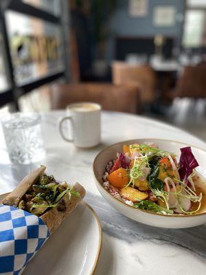 Heirloom tomato and stone fruit salad; Grilled squash baguette, cappuccino