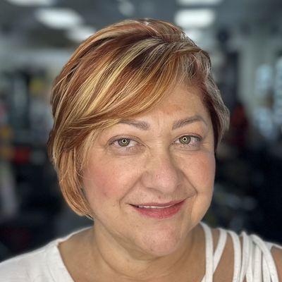 Hairstyle, cut, and highlights.