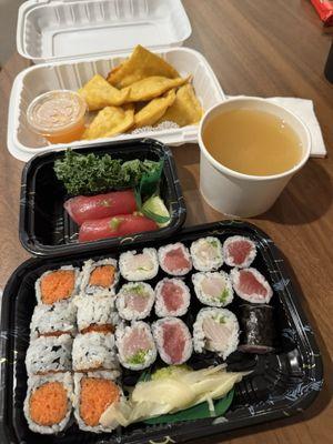 Tuna nigiri, Spicy Tuna Roll Crab Rangoon (6) Miso Soup Tuna Roll Yellowtail Scallion Roll