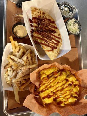 NoCo Mac & Cheese, meat lovers quesadilla, garlic parm fries
