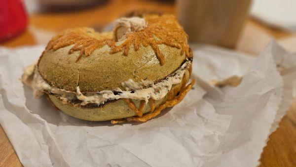 Smoked salmon cream cheese bagel.