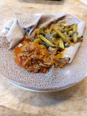 Beef Stew and Green Beans served on top of Injera