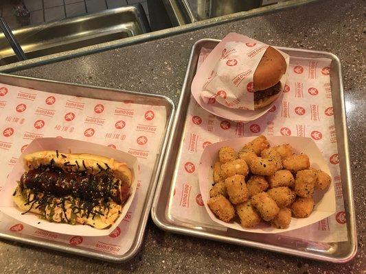 Sumo dog & burger with a side of tots.