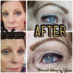 Microblading correction. Notice that her old brows were shaped with a mid arch instead of the natural arch that frames the face.