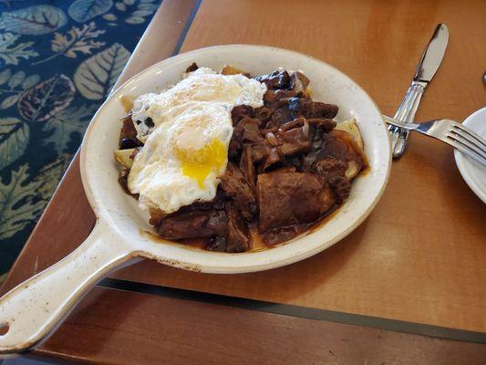 Pot roast hash, hash browns, and eggs