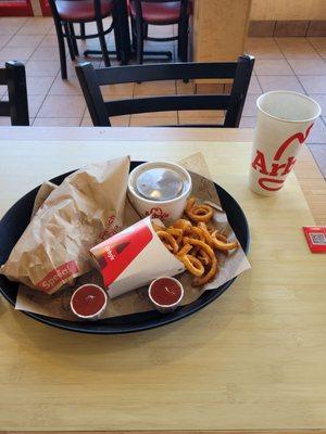 French dip & Swiss, curly fries