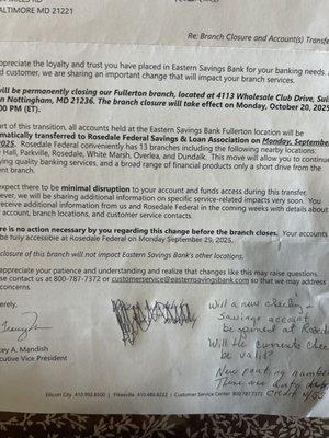 Letter from Eastern Savings--July 21