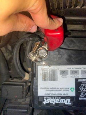 Positive Battery Terminal with penny lodged in between